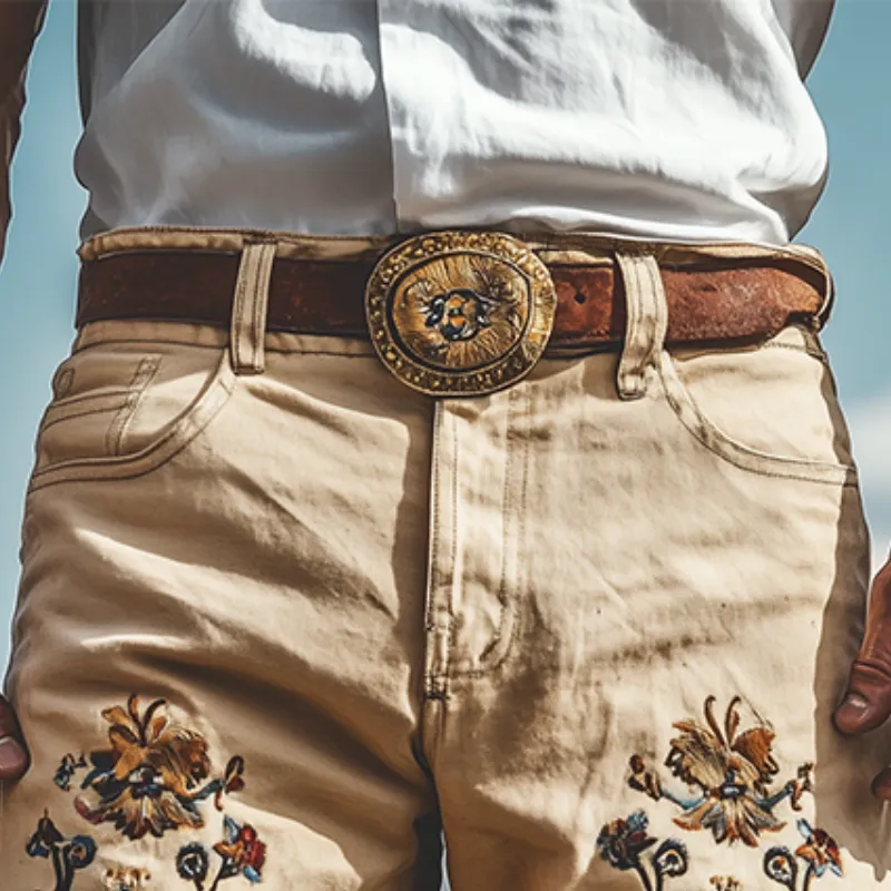 Men's Spring Summer Fashion Vintage Twill Cotton Embroidery Length to Knee Shorts (Without Belt) MTA1552D1K sold by Manly product image thumbnail 3