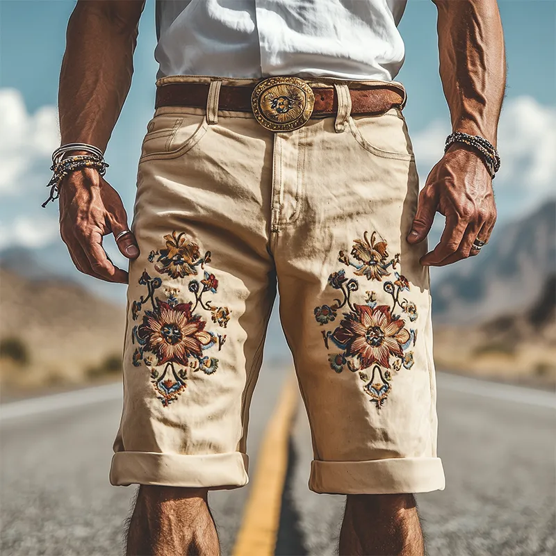 Men's Spring Summer Fashion Vintage Twill Cotton Embroidery Length to Knee Shorts (Without Belt) MTA1552D1K sold by Manly product image thumbnail 2