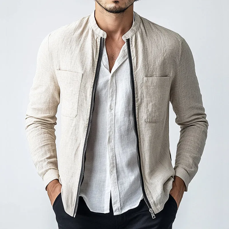 Men's Vintage Linen Summer Zipper Stand Collar Jacket MTA1500D9TO sold by Manly product image thumbnail 2