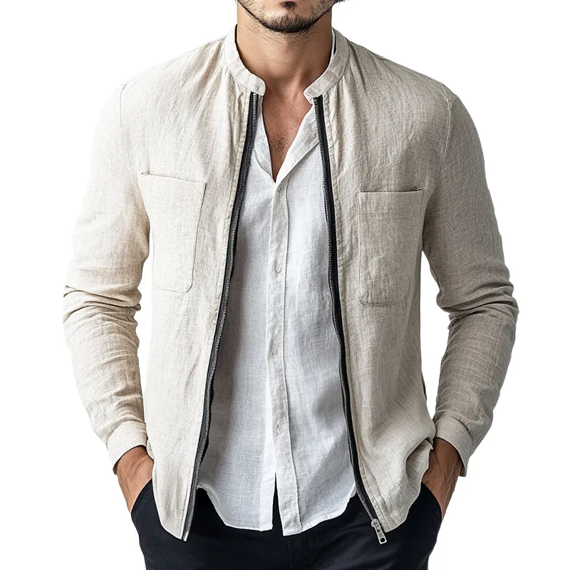 Men's Vintage Linen Summer Zipper Stand Collar Jacket MTA1500D9TO sold by Manly