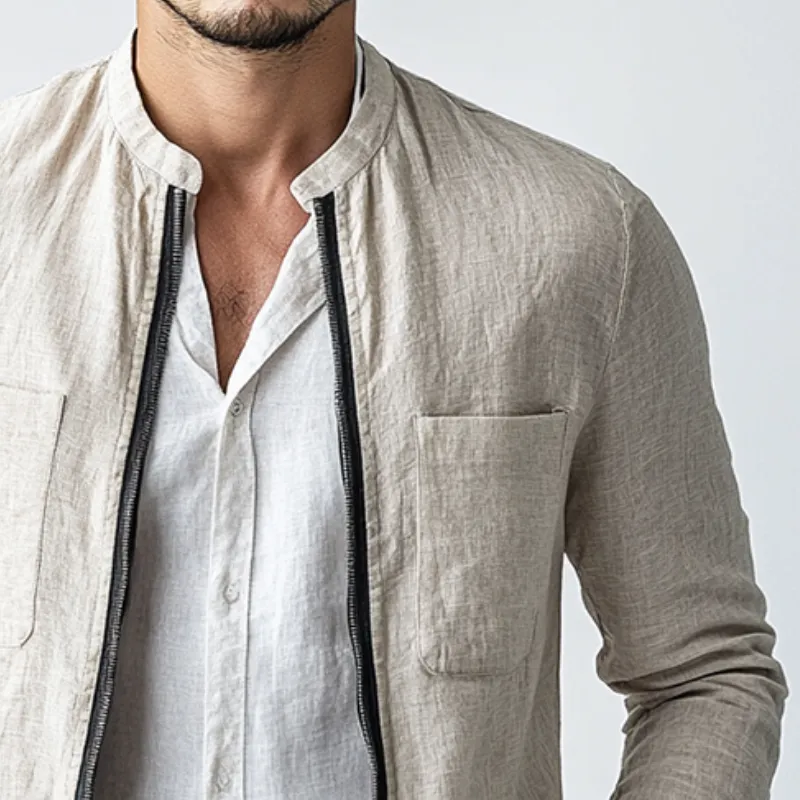 Men's Vintage Linen Summer Zipper Stand Collar Jacket MTA1500D9TO sold by Manly product image thumbnail 3