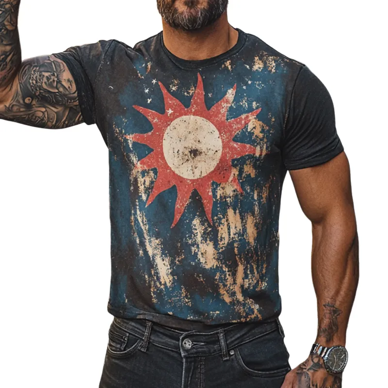 Men's Retro Casual Sun Printed Round Neck Short Sleeve T-Shirt MTA1513D0TO sold by Manly