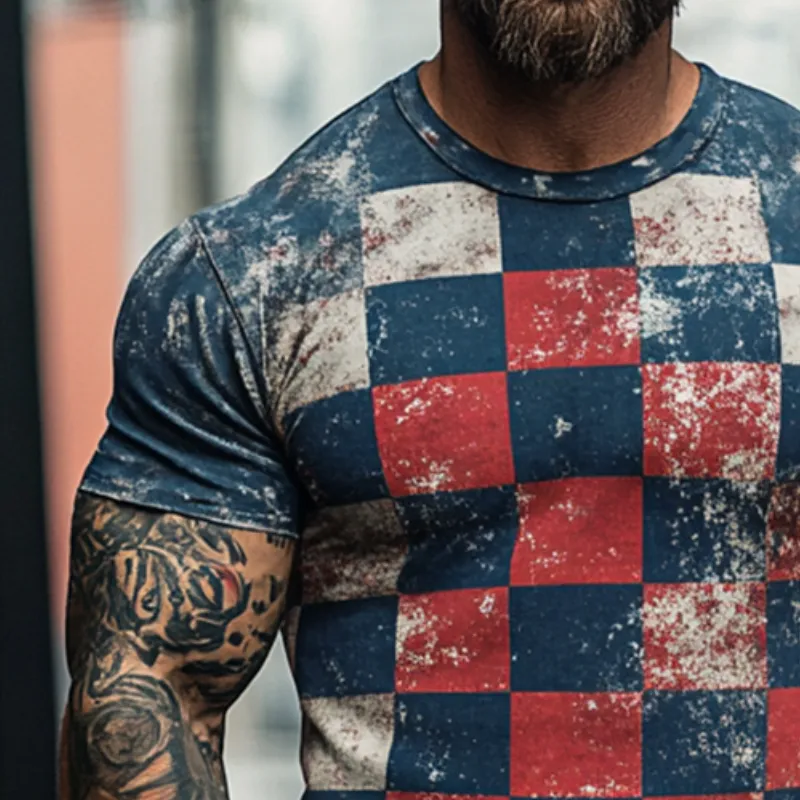 Men's Retro Casual Damaged Checkerboard Printed Round Neck Short Sleeve T-Shirt MTA1500D7TO sold by Manly product image thumbnail 3