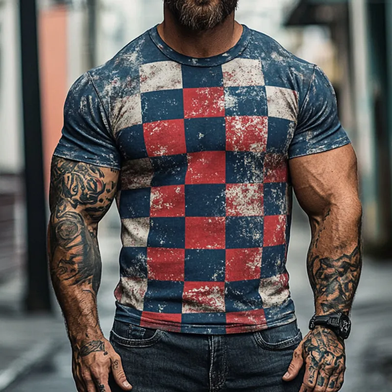 Men's Retro Casual Damaged Checkerboard Printed Round Neck Short Sleeve T-Shirt MTA1500D7TO sold by Manly product image thumbnail 2