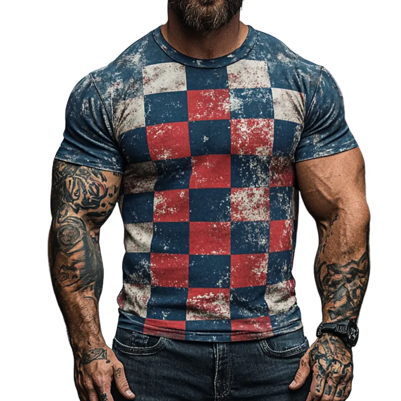 Men's Retro Casual Damaged Checkerboard Printed Round Neck Short Sleeve T-Shirt MTA1500D7TO sold by Manly