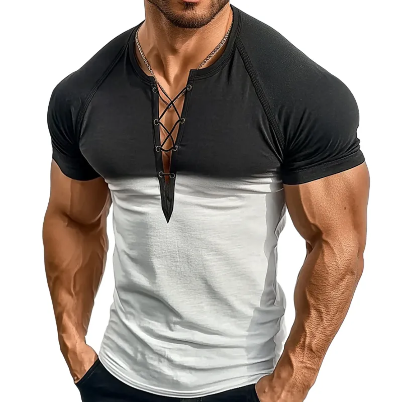Men's Retro Casual Gradient Print Drawstring V-Neck Short Sleeve T-Shirt MTA1534D0TO sold by Manly