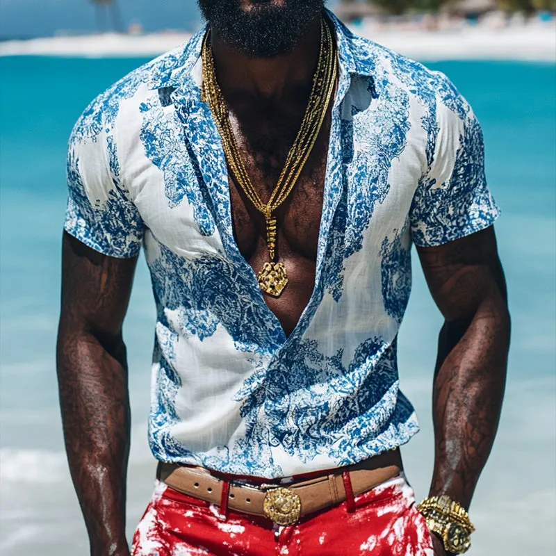 Men's Retro Blue and White Printed Linen Lapel Short Sleeve Shirt MTA1559D6TO sold by Manly product image thumbnail 2