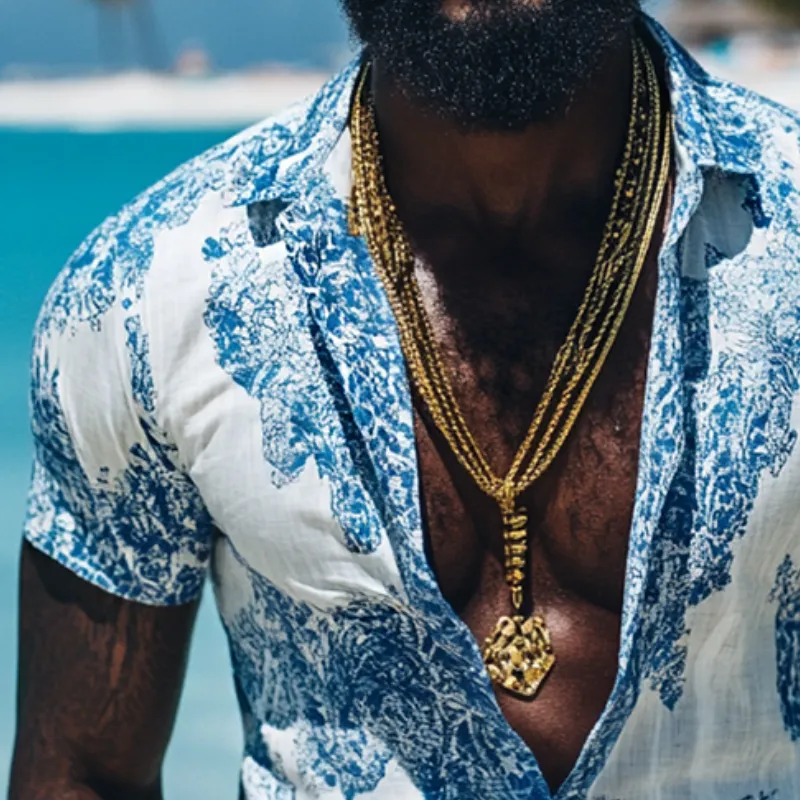 Men's Retro Blue and White Printed Linen Lapel Short Sleeve Shirt MTA1559D6TO sold by Manly product image thumbnail 3