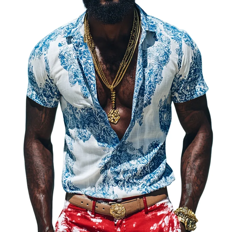 Men's Retro Blue and White Printed Linen Lapel Short Sleeve Shirt MTA1559D6TO sold by Manly