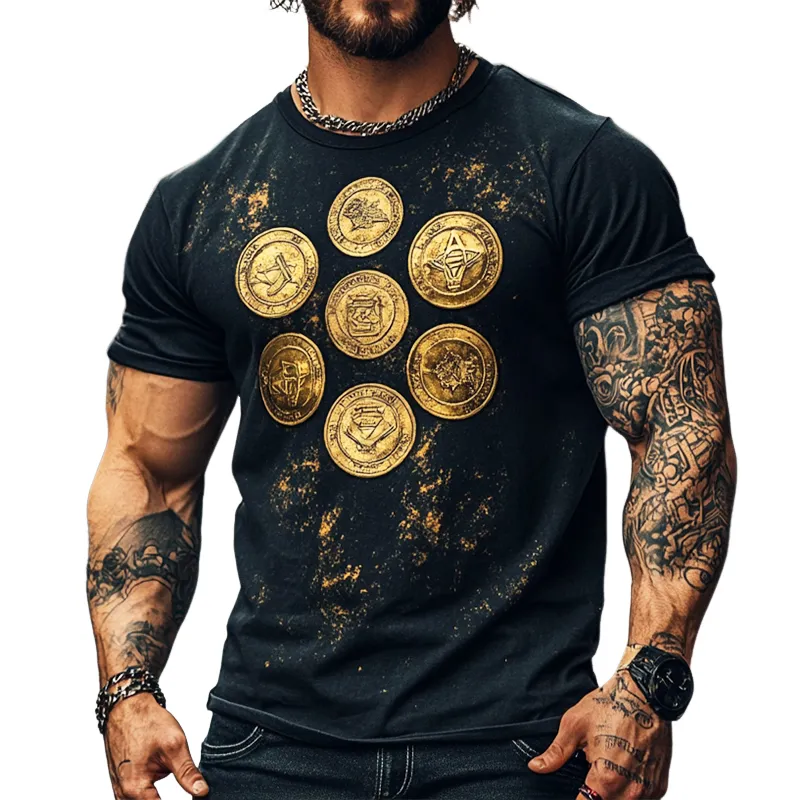 Men's Retro Casual Ancient Coin Printed Round Neck Short Sleeve T-Shirt MTA1558D1TO sold by Manly