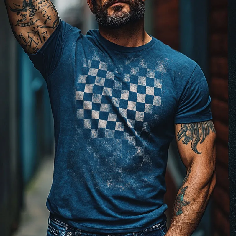 Men's Retro Casual Damaged Checkerboard Printed Round Neck Short Sleeve T-Shirt MTA1509D5TO sold by Manly product image thumbnail 2