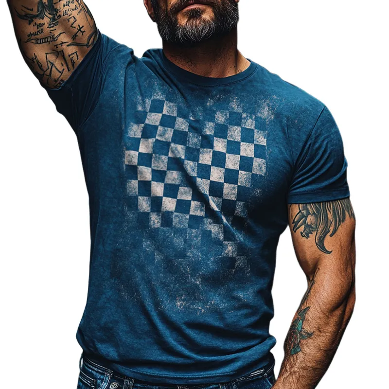 Men's Retro Casual Damaged Checkerboard Printed Round Neck Short Sleeve T-Shirt MTA1509D5TO sold by Manly