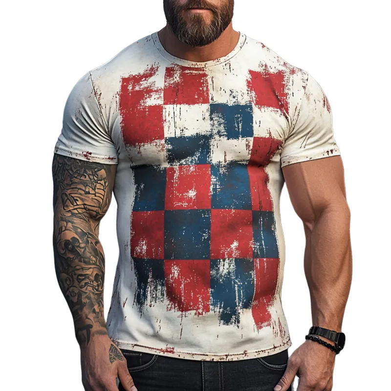 Men's Retro Casual Damaged Checkerboard Printed Round Neck Short Sleeve T-Shirt MTA1580D4TO sold by Manly