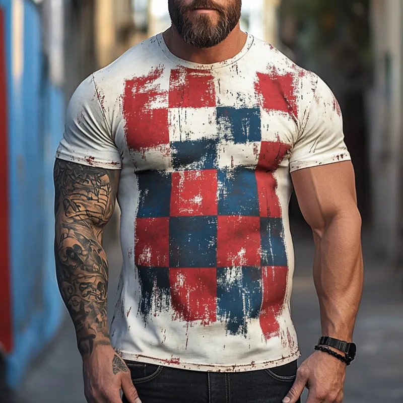 Men's Retro Casual Damaged Checkerboard Printed Round Neck Short Sleeve T-Shirt MTA1580D4TO sold by Manly product image thumbnail 2