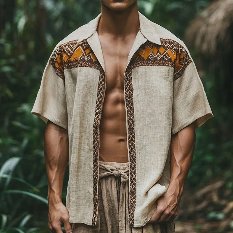 Men's Retro Casual Ethnic Geometric Print Linen Lapel Short Sleeve Shirt MTA1550D0TO sold by Manly product image thumbnail 2