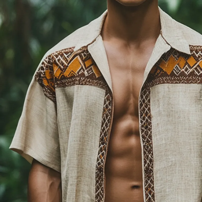 Men's Retro Casual Ethnic Geometric Print Linen Lapel Short Sleeve Shirt MTA1550D0TO sold by Manly product image thumbnail 3