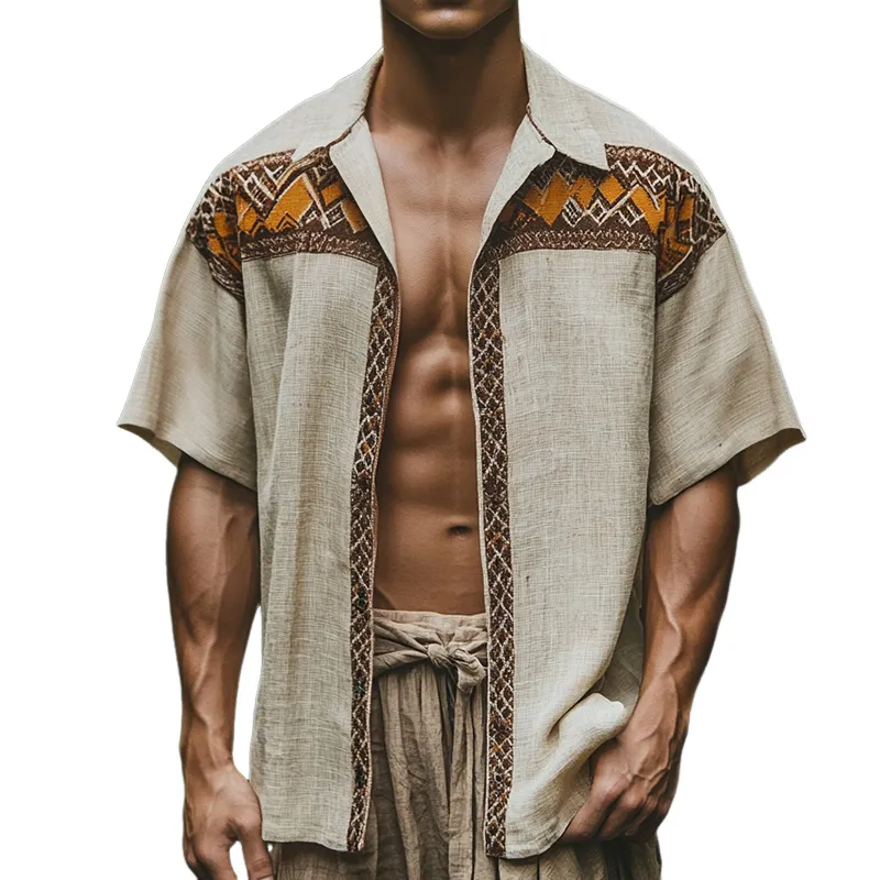 Men's Retro Casual Ethnic Geometric Print Linen Lapel Short Sleeve Shirt MTA1550D0TO sold by Manly