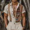 Men's Retro Casual Ethnic Geometric Print Linen Lapel Short Sleeve Shirt MTA1563D8TO sold by Manly