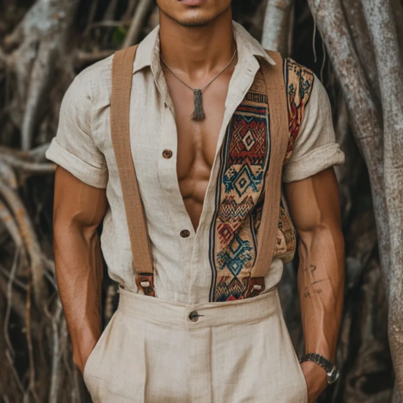 Men's Retro Casual Ethnic Geometric Print Linen Lapel Short Sleeve Shirt MTA1563D8TO sold by Manly product image thumbnail 2