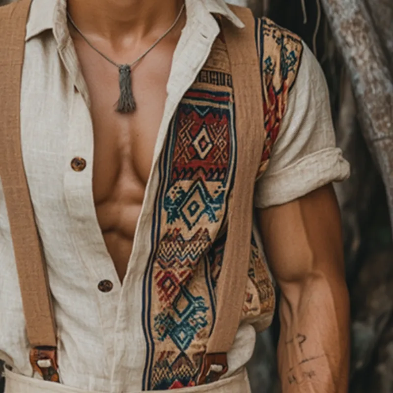 Men's Retro Casual Ethnic Geometric Print Linen Lapel Short Sleeve Shirt MTA1563D8TO sold by Manly product image thumbnail 3