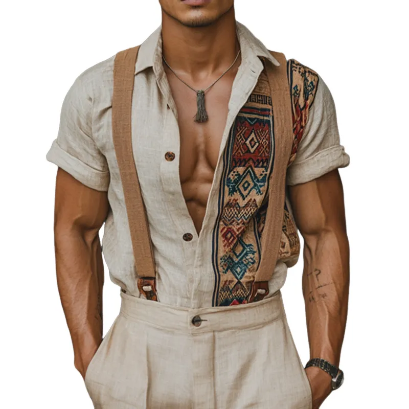Men's Retro Casual Ethnic Geometric Print Linen Lapel Short Sleeve Shirt MTA1563D8TO sold by Manly