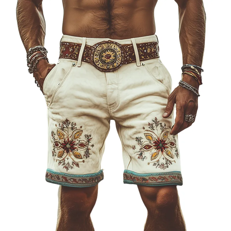 Men's Spring and Summer Fashion Retro Thin Suede Embroidered Shorts (Without Belt) MTA1525D6K sold by Manly