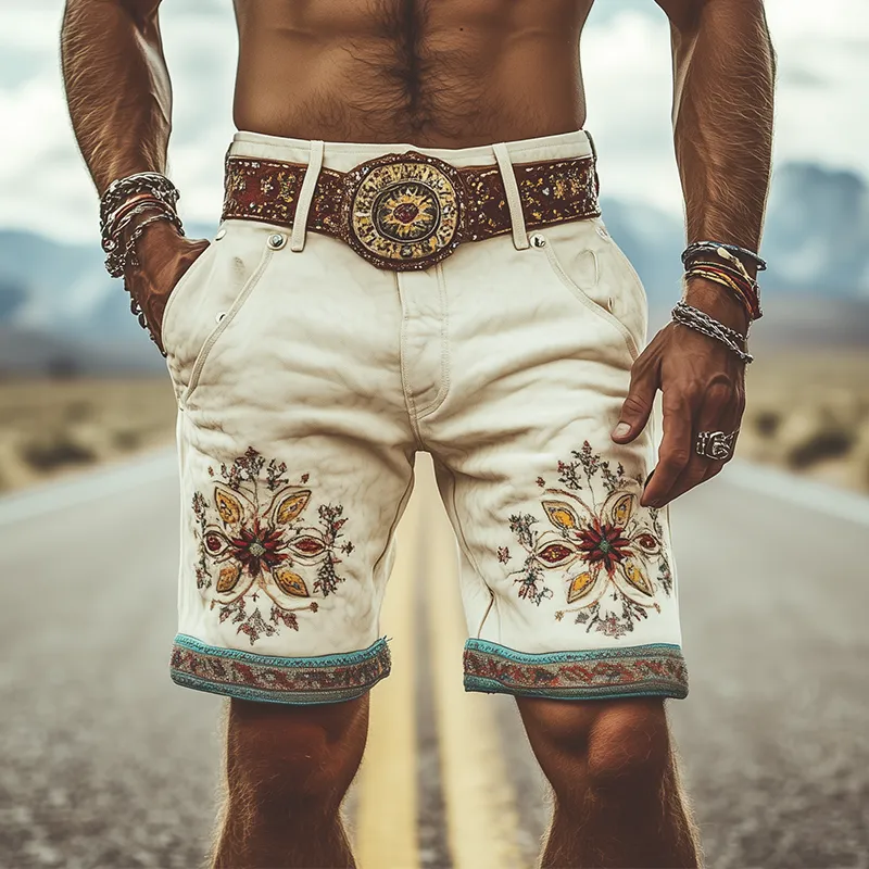 Men's Spring and Summer Fashion Retro Thin Suede Embroidered Shorts (Without Belt) MTA1525D6K sold by Manly product image thumbnail 2