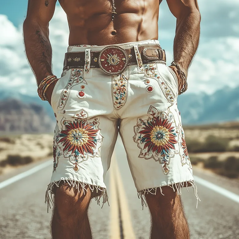 Men's Spring and Summer Fashion Retro Personality Thin Suede Embroidered Shorts (without belt) MTA1518D5K sold by Manly product image thumbnail 2