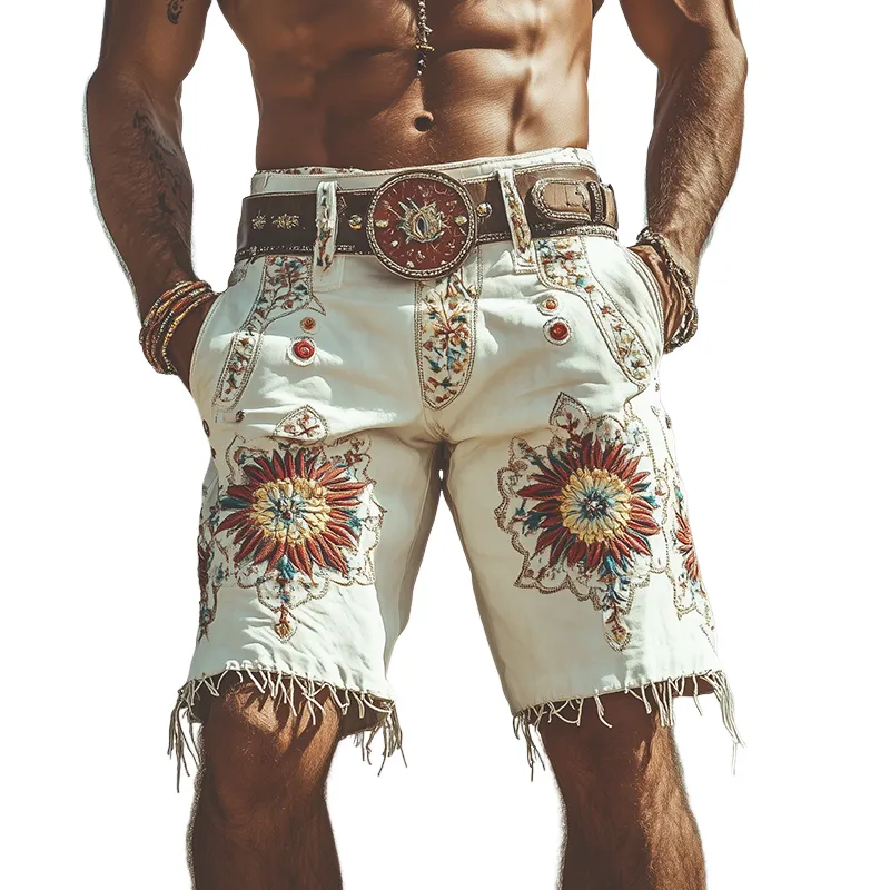 Men's Spring and Summer Fashion Retro Personality Thin Suede Embroidered Shorts (without belt) MTA1518D5K sold by Manly