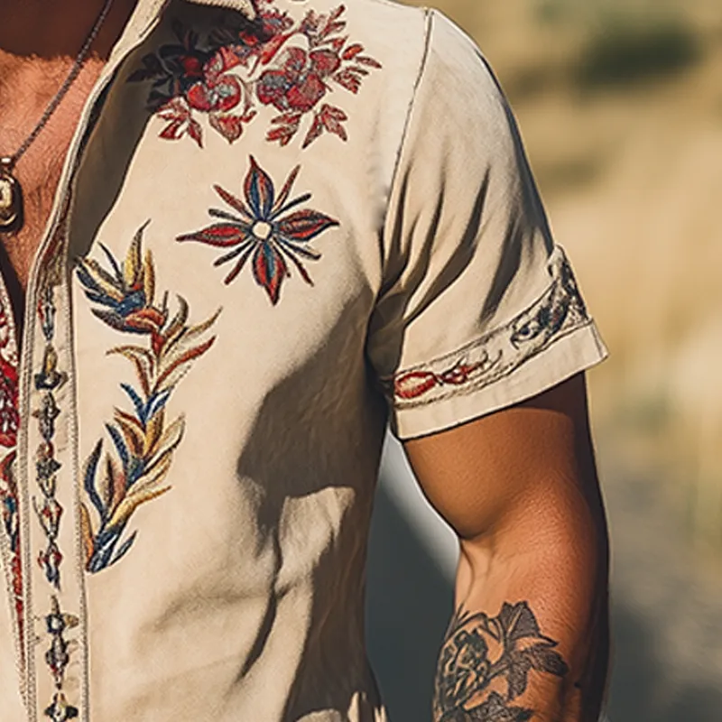 【24-hour shipping out】Men's Spring/Summer Fashion Retro Western Style Suede Embroidered Short Sleeve Shirt MTA1533D2K sold by Manly product image thumbnail 5