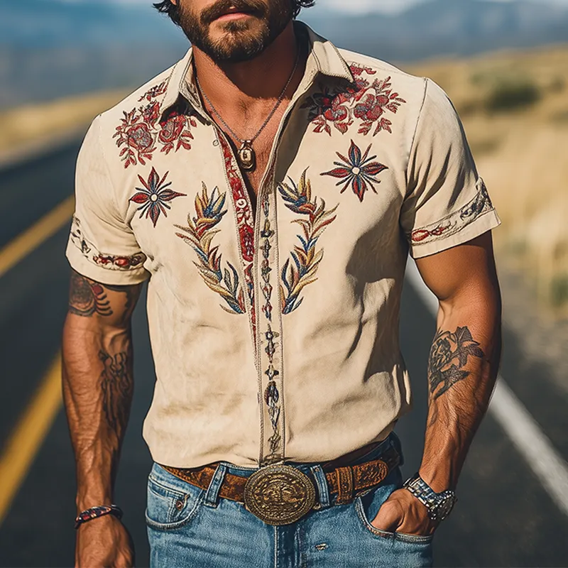 【24-hour shipping out】Men's Spring/Summer Fashion Retro Western Style Suede Embroidered Short Sleeve Shirt MTA1533D2K sold by Manly product image thumbnail 2