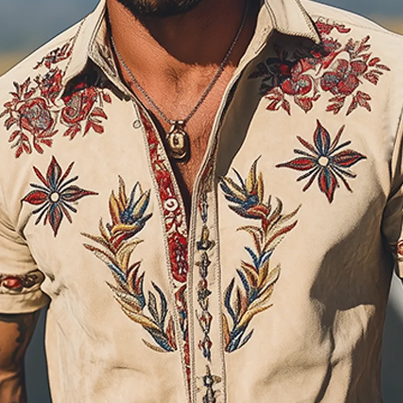 【24-hour shipping out】Men's Spring/Summer Fashion Retro Western Style Suede Embroidered Short Sleeve Shirt MTA1533D2K sold by Manly product image thumbnail 4