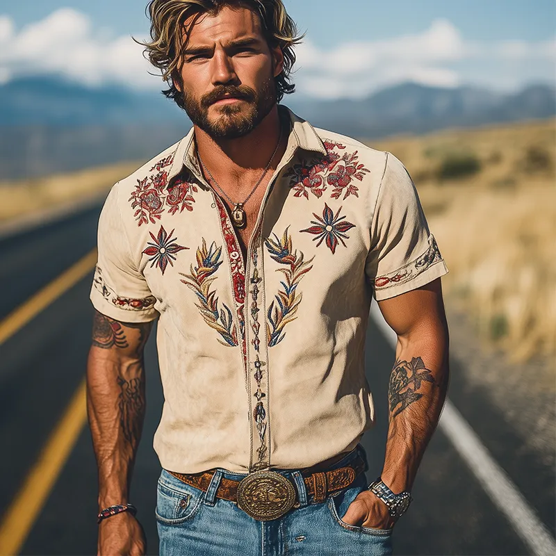 【24-hour shipping out】Men's Spring/Summer Fashion Retro Western Style Suede Embroidered Short Sleeve Shirt MTA1533D2K sold by Manly product image thumbnail 3