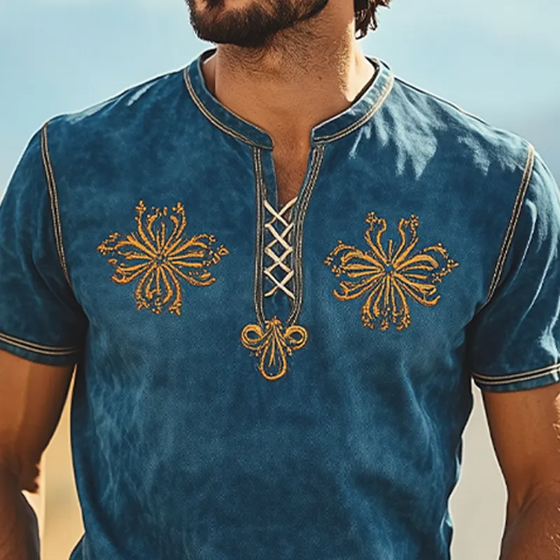 Men's Summer Fashion Retro Western Style Suede Embroidery Slim Fit Short Sleeve T-Shirt MTA1556D0K sold by Manly product image thumbnail 4