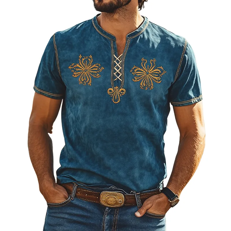 Men's Summer Fashion Retro Western Style Suede Embroidery Slim Fit Short Sleeve T-Shirt MTA1556D0K sold by Manly