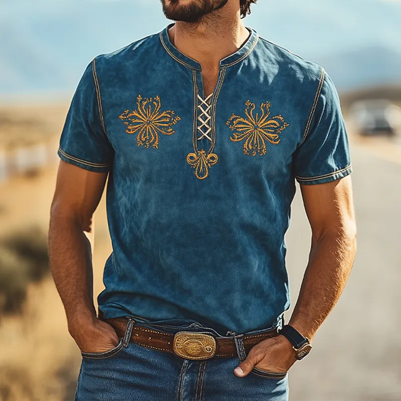 Men's Summer Fashion Retro Western Style Suede Embroidery Slim Fit Short Sleeve T-Shirt MTA1556D0K sold by Manly product image thumbnail 2