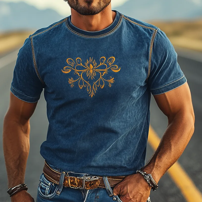 Men's Summer Fashion Casual Western Style Suede Embroidery Slim Fit Short Sleeve T-shirt MTA1564D6K sold by Manly product image thumbnail 2