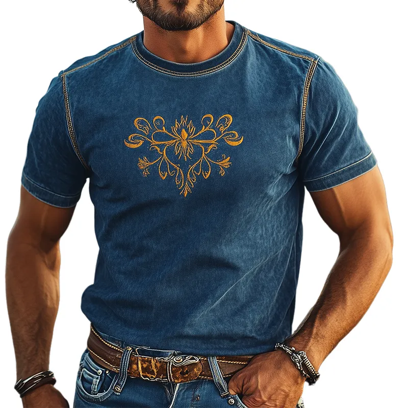 Men's Summer Fashion Casual Western Style Suede Embroidery Slim Fit Short Sleeve T-shirt MTA1564D6K sold by Manly