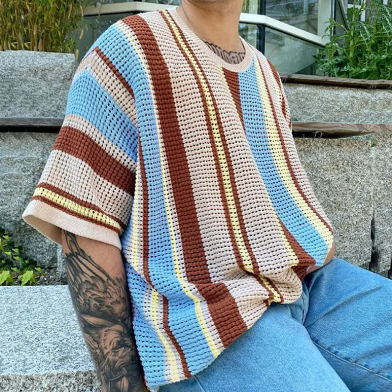 Men's Casual Contrast Color Striped Knit Loose Collar Short Sleeve Sweater T-Shirt MTA1066D4M sold by Manly product image thumbnail 4