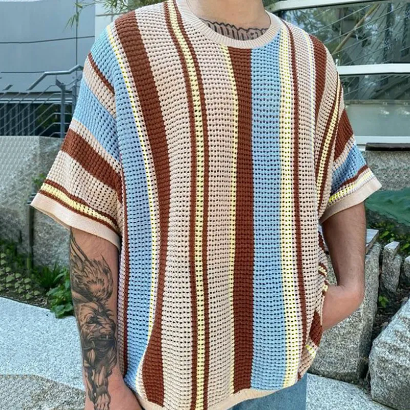 Men's Casual Contrast Color Striped Knit Loose Collar Short Sleeve Sweater T-Shirt MTA1066D4M sold by Manly product image thumbnail 3