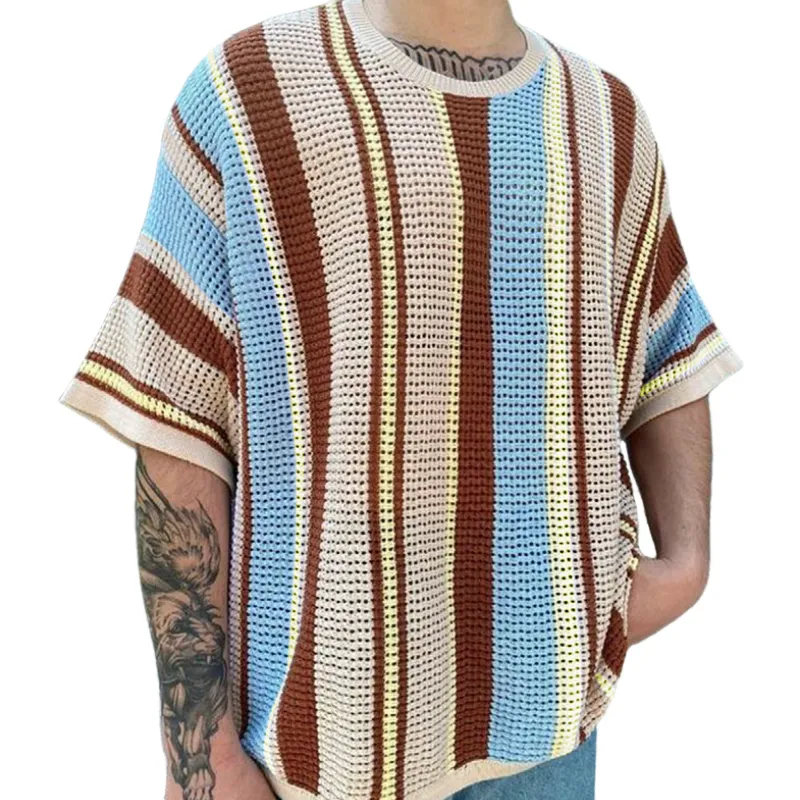 Men's Casual Contrast Color Striped Knit Loose Collar Short Sleeve Sweater T-Shirt MTA1066D4M sold by Manly
