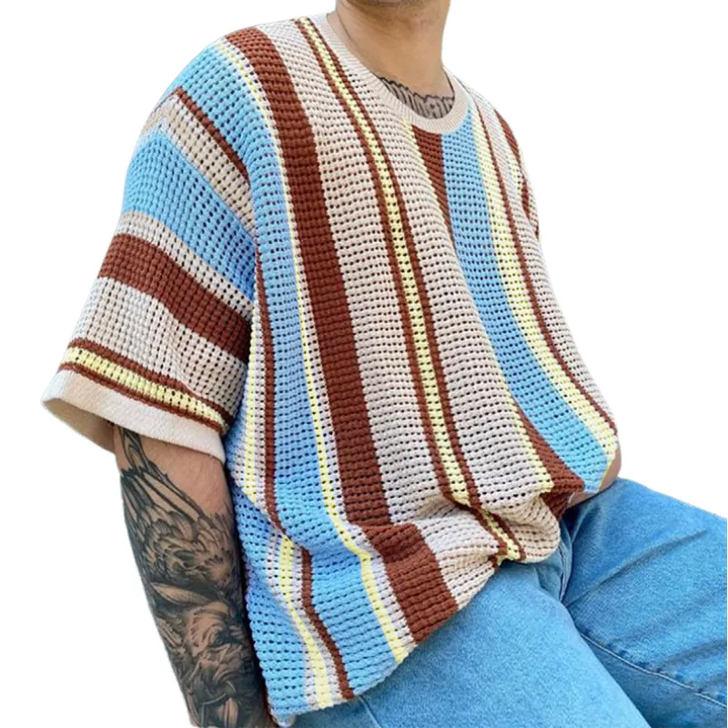 Men's Casual Contrast Color Striped Knit Loose Collar Short Sleeve Sweater T-Shirt MTA1066D4M sold by Manly product image thumbnail 2