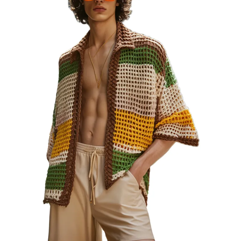 Men's Casual Contrast Color Knitted Loose Collar Short Sleeve Cardigan MTA0980D5M sold by Manly