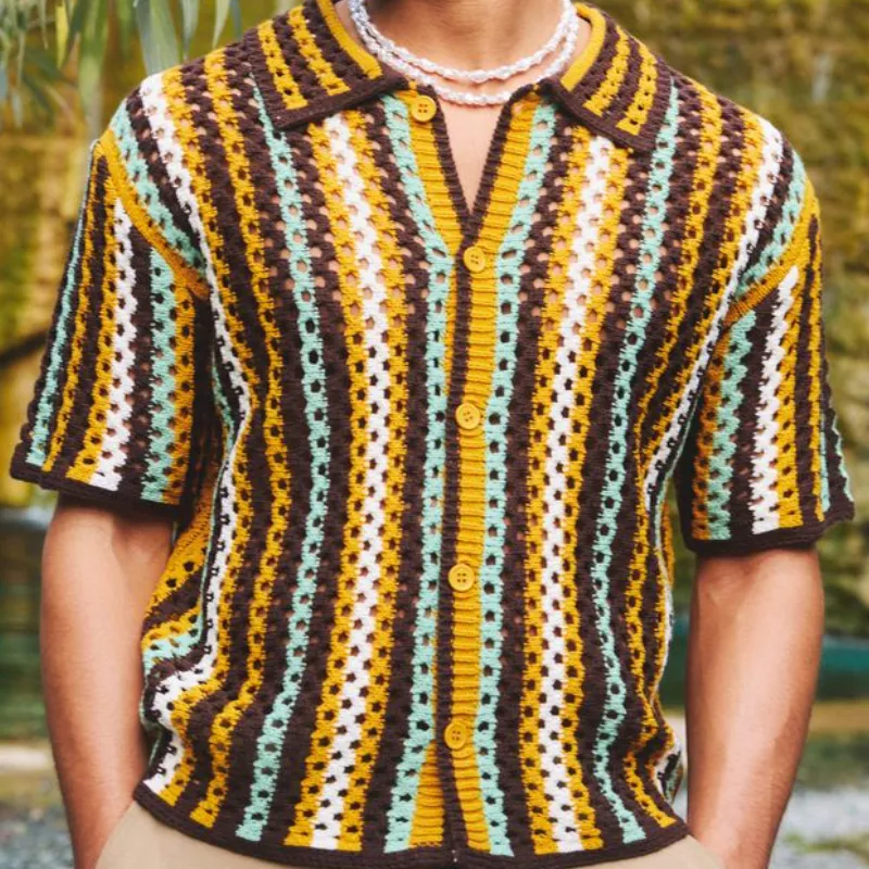 Men's Casual Contrast Color Striped Jacquard Lapel Short Sleeve Knitted Cardigan MTA0964D6M sold by Manly product image thumbnail 3