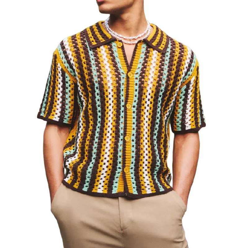 Men's Casual Contrast Color Striped Jacquard Lapel Short Sleeve Knitted Cardigan MTA0964D6M sold by Manly