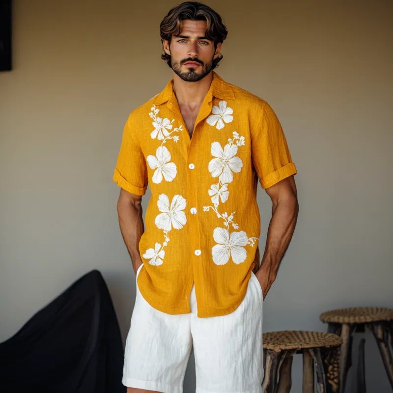 Men's Casual Flower Embroidery Cotton Linen Lapel Loose Short Sleeve Shirt MTA1480D3M sold by Manly product image thumbnail 3