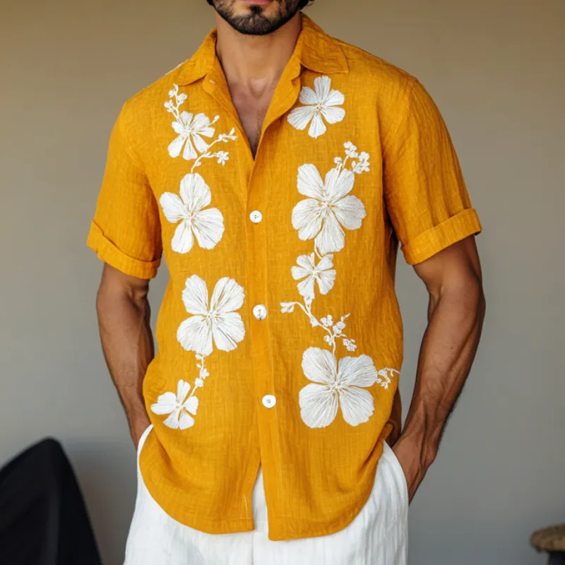 Men's Casual Flower Embroidery Cotton Linen Lapel Loose Short Sleeve Shirt MTA1480D3M sold by Manly product image thumbnail 2