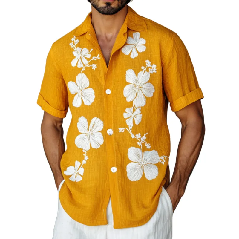 Men's Casual Flower Embroidery Cotton Linen Lapel Loose Short Sleeve Shirt MTA1480D3M sold by Manly