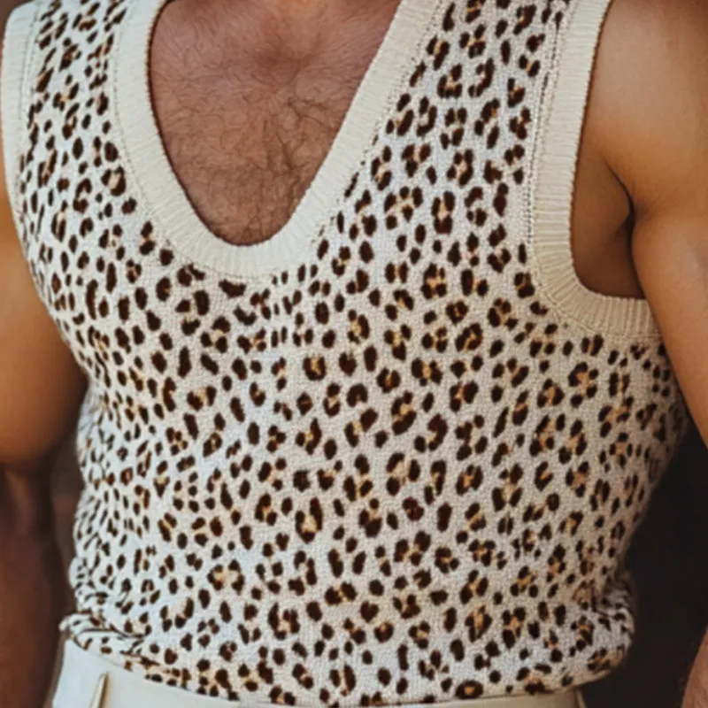 Men's Casual U-neck Leopard Jacquard Slim Fit Knitted Tank Top MTA1046D0M sold by Manly product image thumbnail 3