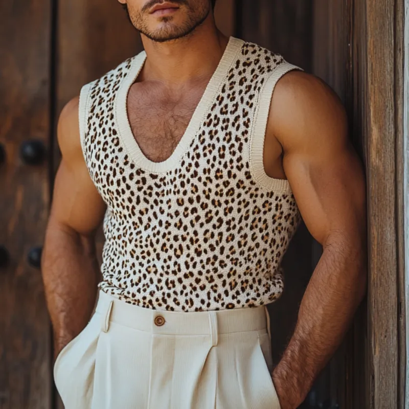 Men's Casual U-neck Leopard Jacquard Slim Fit Knitted Tank Top MTA1046D0M sold by Manly product image thumbnail 2